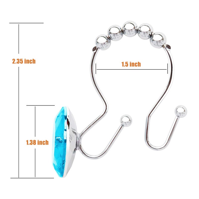 Yapicoco Shower Curtain Hooks Rings for Bathroom, 12PCS Double Hooks Glide Anti Rust Crystal Rhinestones Shower Curtain Rings Hangers for Shower Curtains, Clothing, Towels, etc. (Aqua Blue) - Image 3